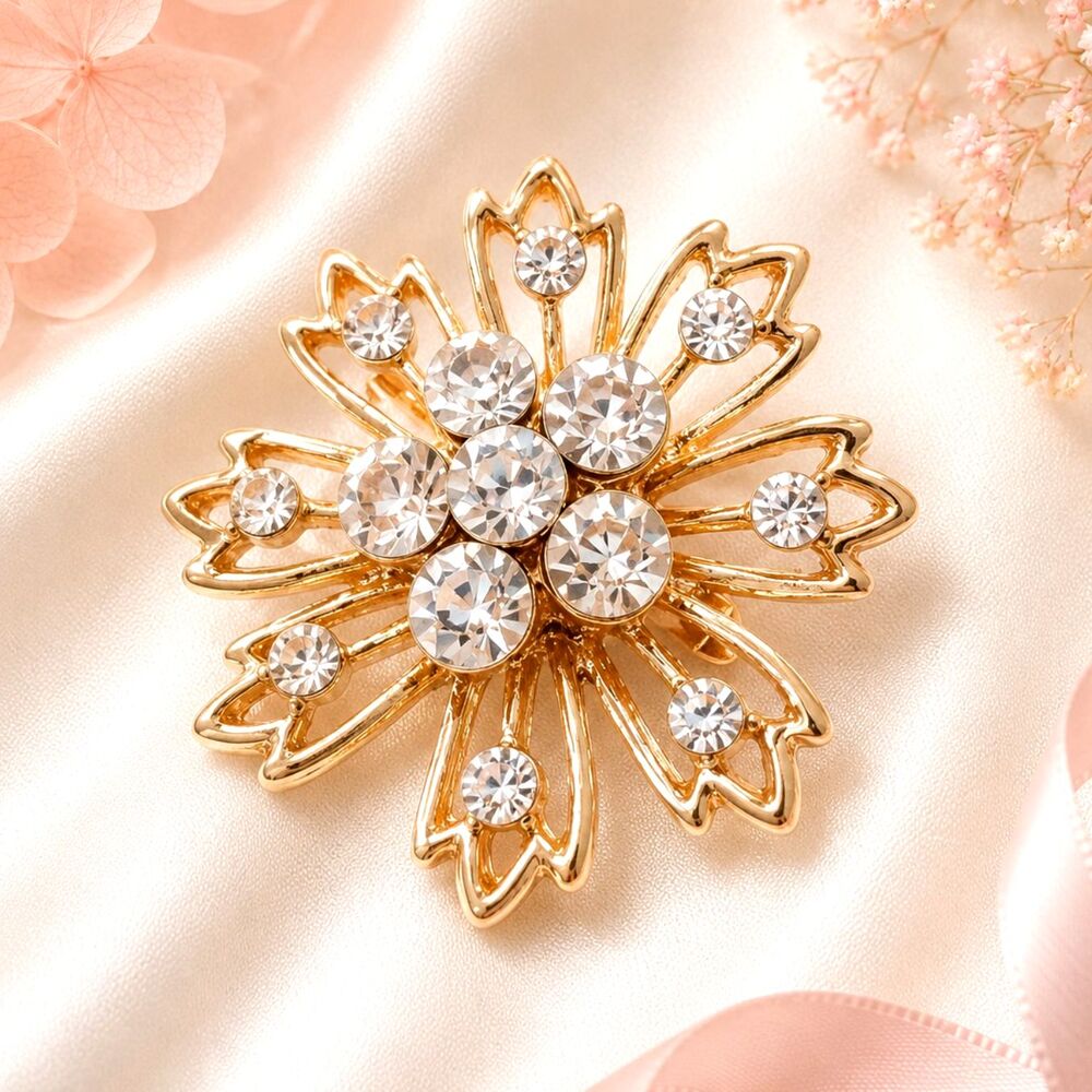 Rhinestone Encrusted Gold Tone Flower Brooch